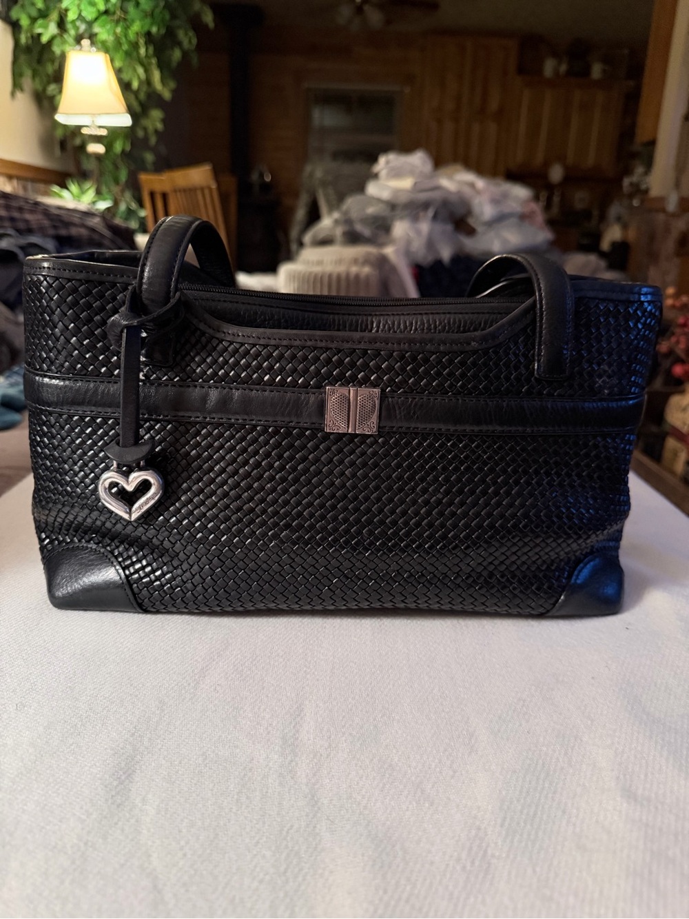 Brighton Black Woven Leather Tote Bag with Heart Charm